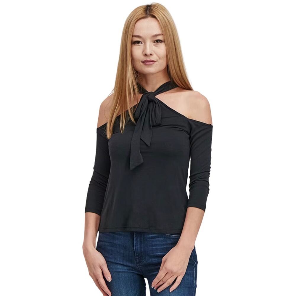 Avec les Filles Bow-Front Cold Shoulder 3/4 Sleeve Jersey Top Black Sz Small NWT